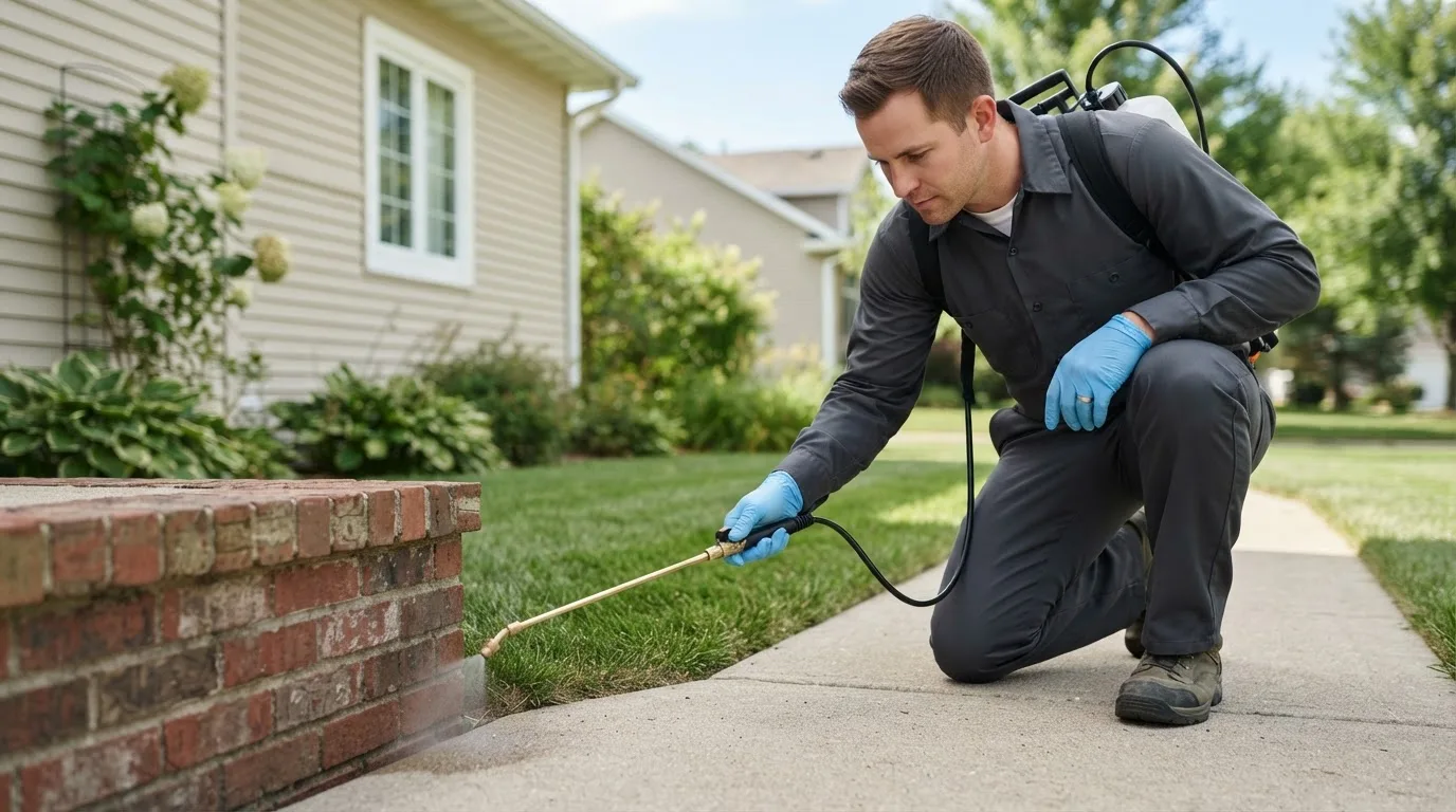Pest control technician treating a home near Derry, NH