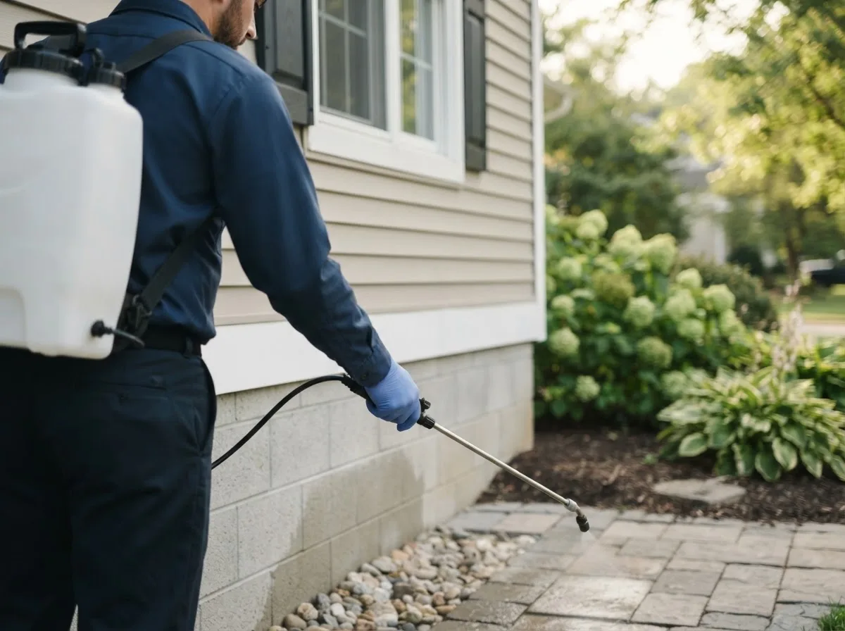 Pest control technician inspecting a home in Derry, NH